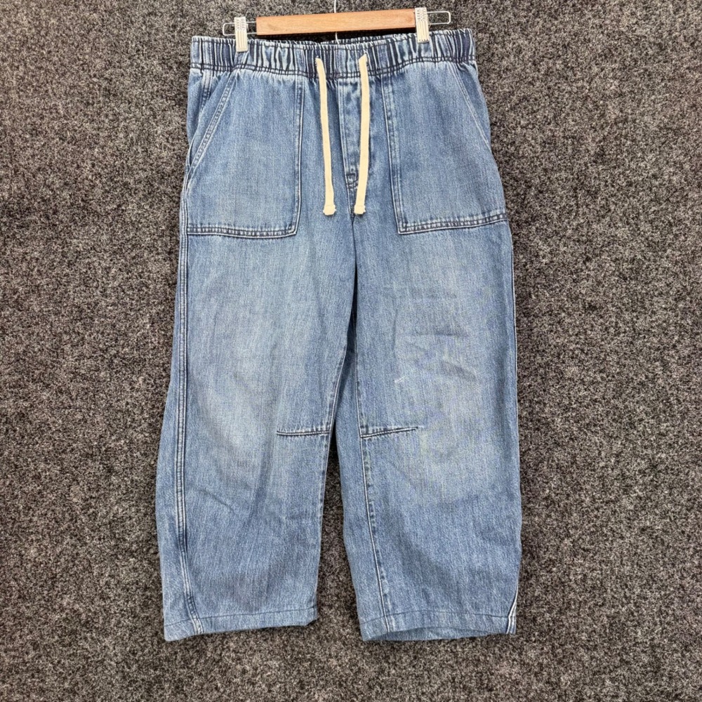 Gap Denim Pull On Barrel Jeans Medium Wash Blue Elastic Waist Cropped Pants M